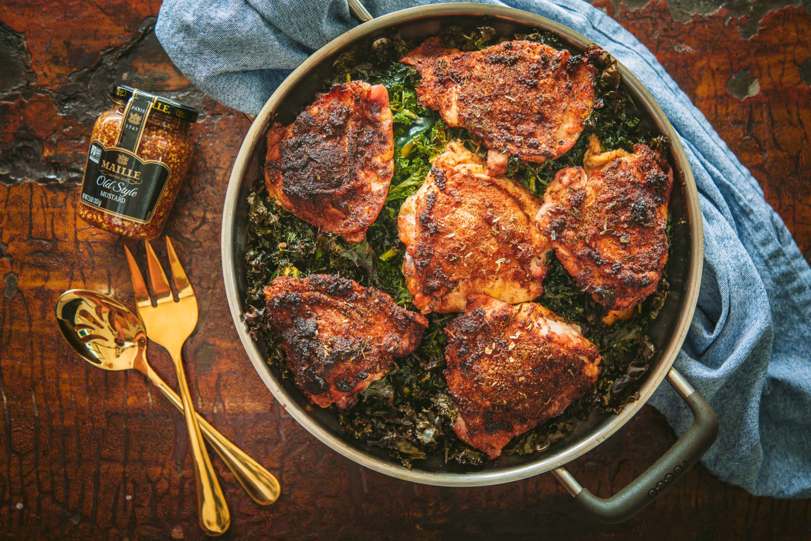 Chicken Thighs, Kale and Acorn Squash with Maille Old Style Mustard