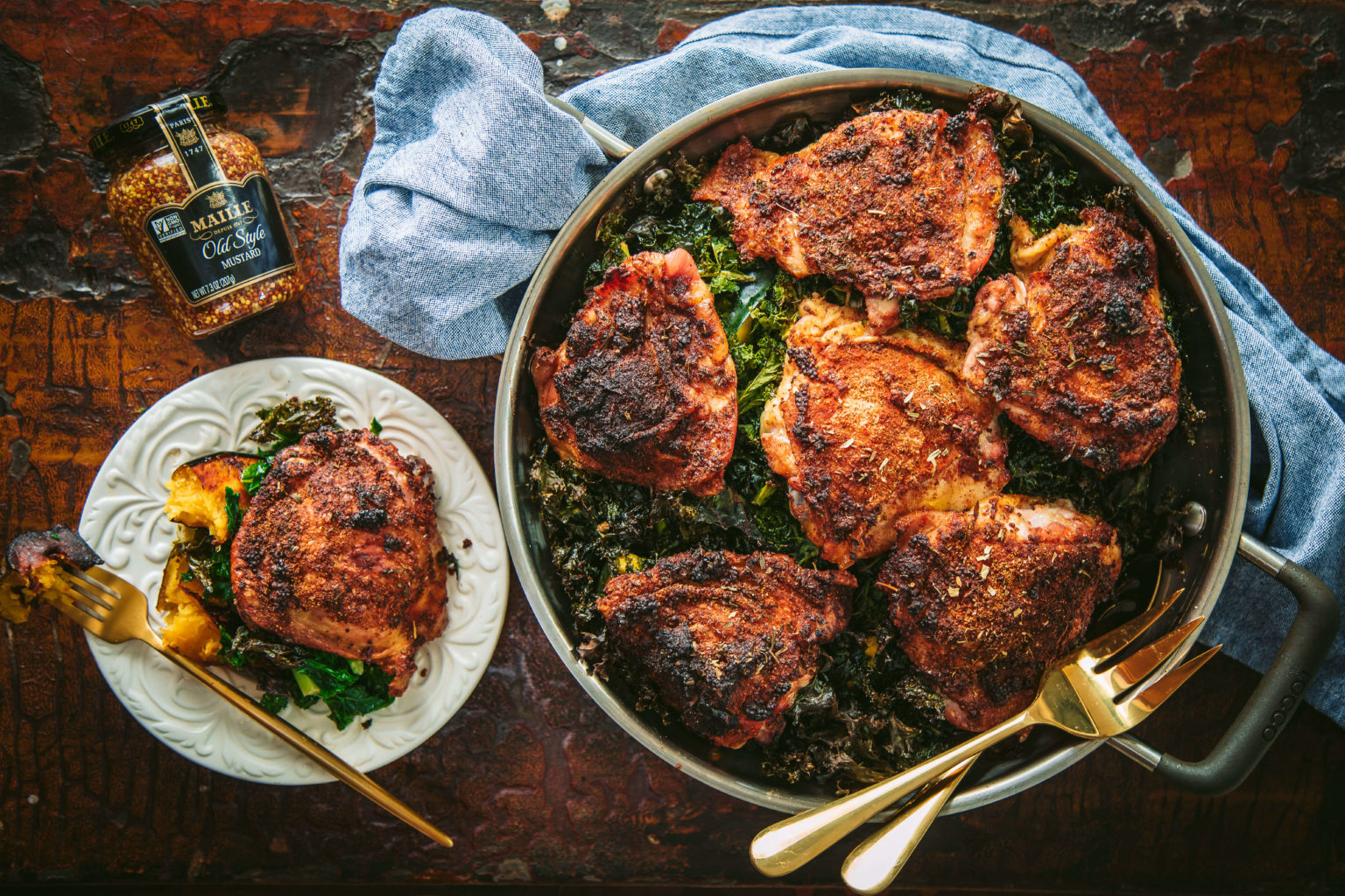 Chicken Thighs, Kale and Acorn Squash with Maille Old Style Mustard