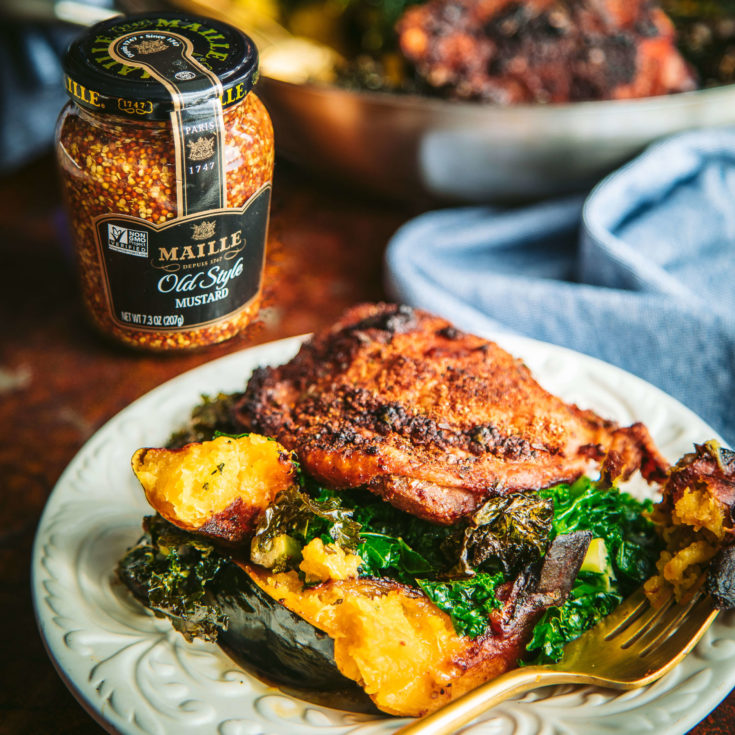 Chicken Thighs with Kale and Acorn Squash with Maille Old Style Mustard