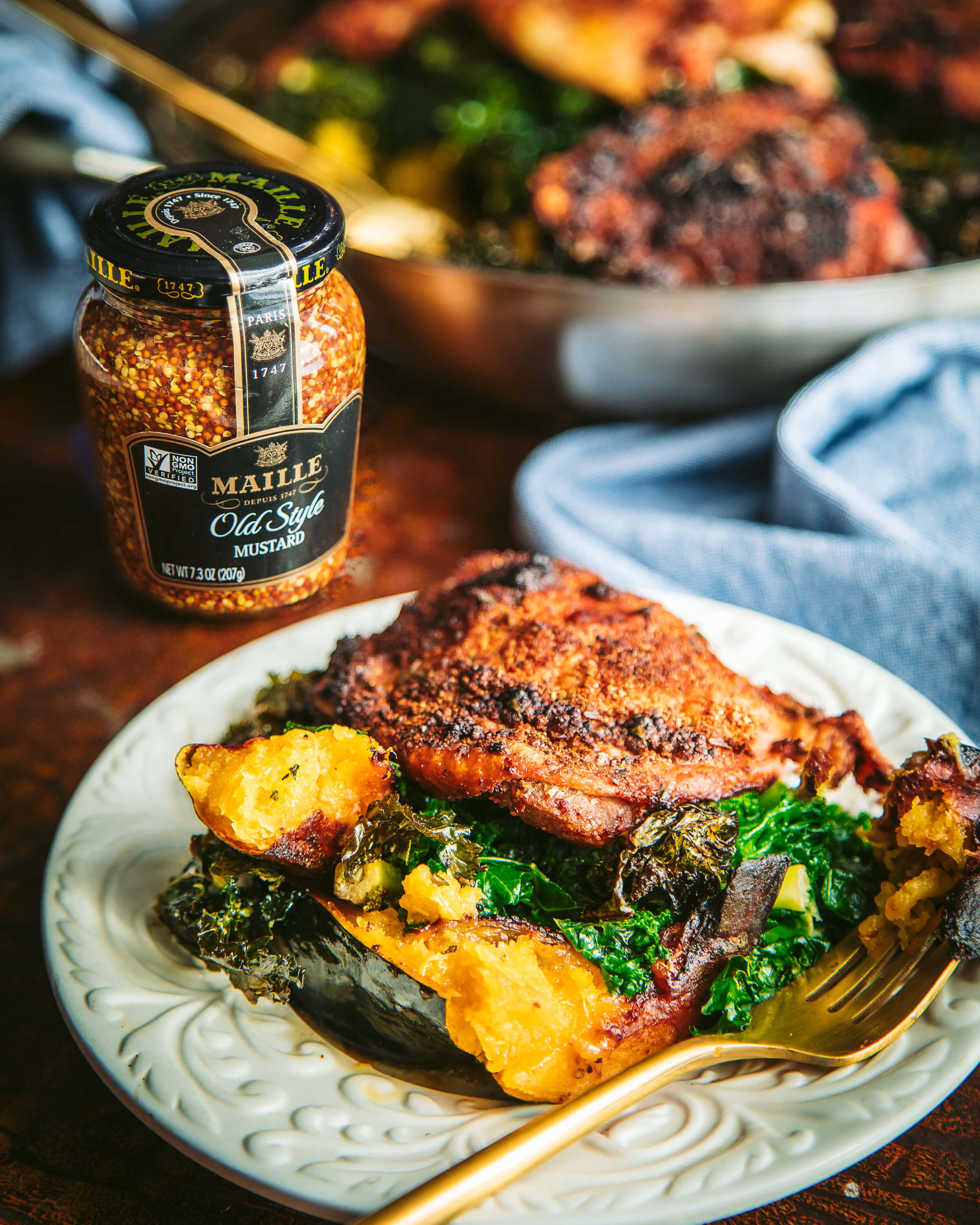 Baked Chicken Thighs with Kale and Acorn Squash and Maille Old Style Mustard